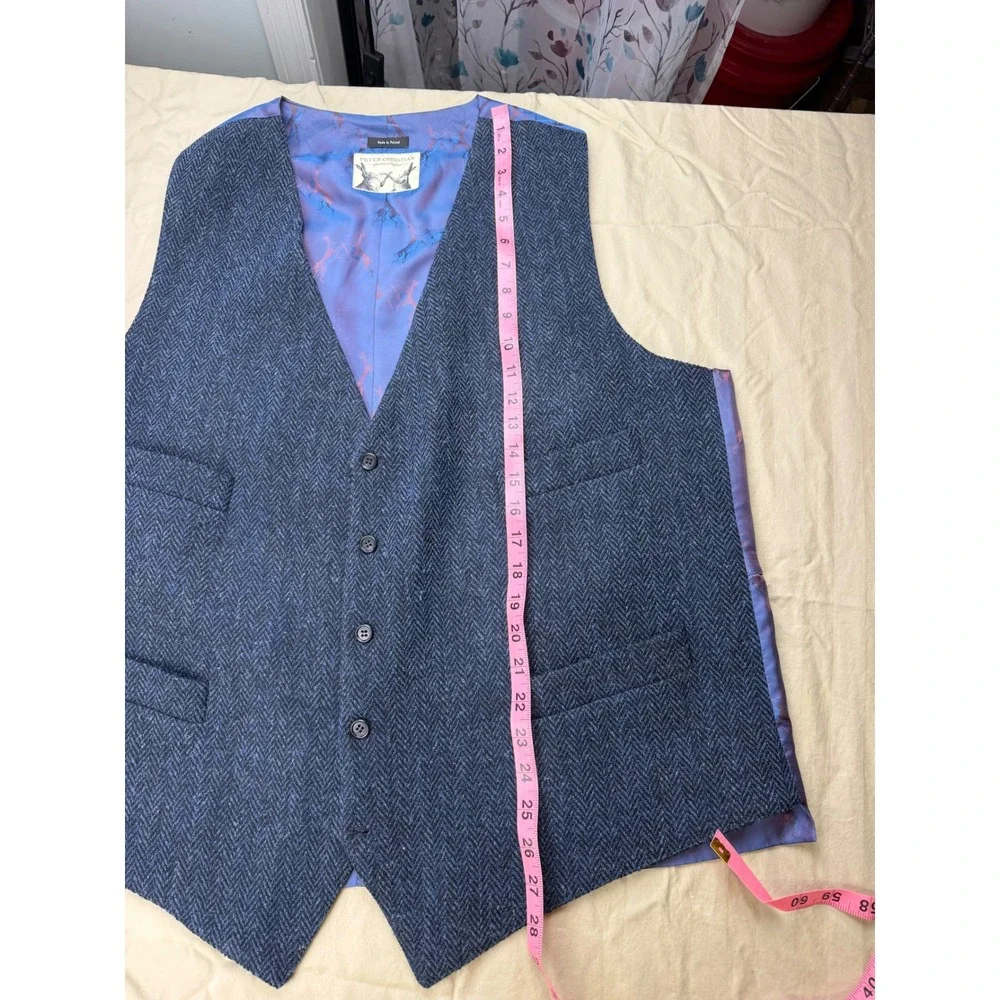 Peter Christian Harris Tweed Blue Herringbone Wool Waistcoat Vest Mens 50R MW22